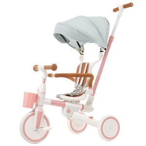 7 in 1 Stroller Baby Tricycle for 18-72 Months, Multifunctional Toddler Trike with Removable Push Rod, Canopy & Guardrail - ModernLuxe - 1 of 4
