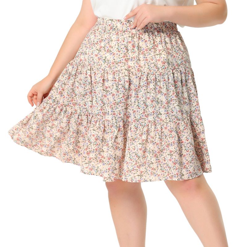 Agnes Orinda Women's Plus Size Elastic High Waist Ruffle Hem Pleated Midi Floral Print A Line Skirts, 1 of 6