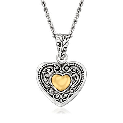 Ross-Simons Sterling Silver and 18kt Yellow Gold Bali-Style Heart Pendant Necklace Size 18