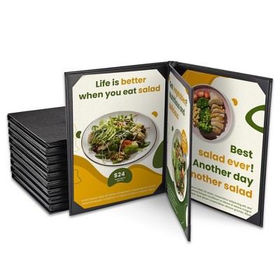 WeChef 10 Packs Menu Covers  8.5 x 11"  4 View Leather Book Style Black Faux Custom Logo Cafe Restaurant Bars