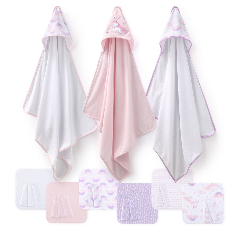 The Peanutshell Pink Unicorn Rainbow 3pk Hooded Baby Bath Towel and 20pk Washcloth Set for Girls , 23-Pieces, 3 of 8