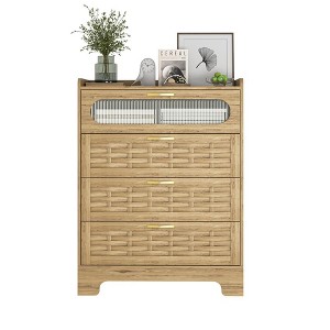 4 Drawer Dresser for Bedroom, Rattan Dresser Modern Wood Chest of Drawers with Spacious Storage for Bedroom Hallway Living Room-Rustic Oak - 1 of 4