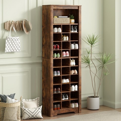 73.8 Tall Sleek Design 24 30 Shoe Cubby Console Modern Shoe Cabinet With Curved Base Rustic Brown Modernluxe Target