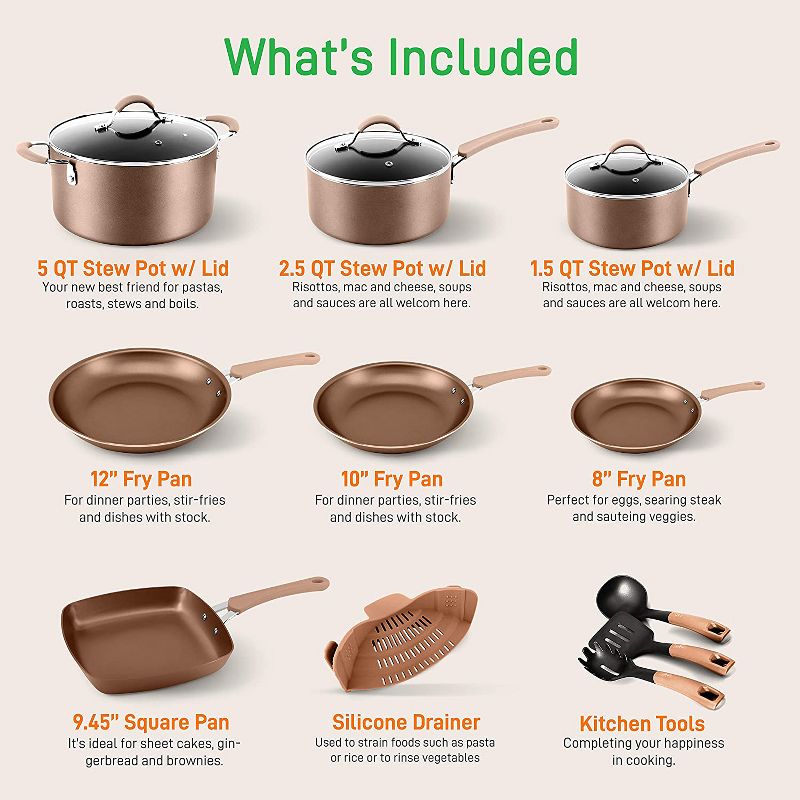 NutriChef Metallic Nonstick Ceramic Cooking Kitchen Cookware Pots and Pan Baking Set with Lids and Utensils, 20 Piece Set, Bronze (4 Pack), 3 of 4