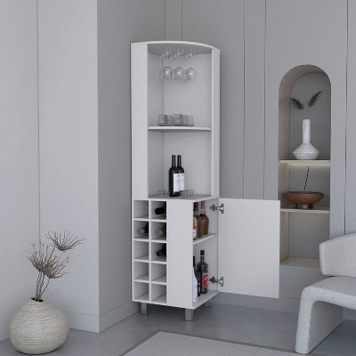 BDELITE Corner Bar Cabinet with Four Shelves, Ten Wine Bottle Cubbies and Stemware-17.7*17.7*70.8 Inch, White