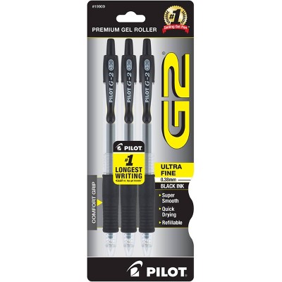 Pilot 3ct G2 Gel Pens Ultra Fine Point 0.38mm Black Ink: Retractable, Rubber Grip, Stationery & Office Supplies