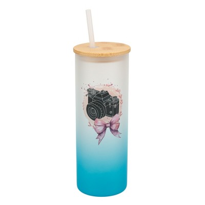 Elanze Designs 25 Ounce Frosted Glass Gradient Travel Tumbler With Straw and Wooden Lid, Camera Bow Sky Blue