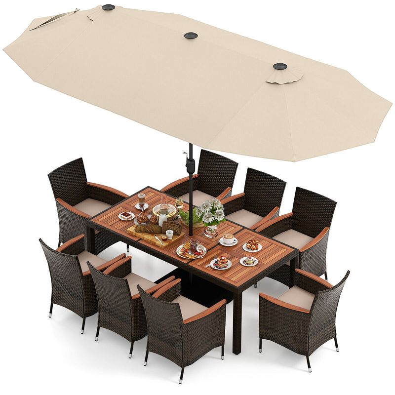 Tangkula 9 Piece Patio Wicker Dining Set w/ Double-Sided Patio Beige Umbrella Stackable Chairs, 1 of 11