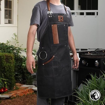 Heavy-Duty Black Canvas Cooking Apron with Leather Accents