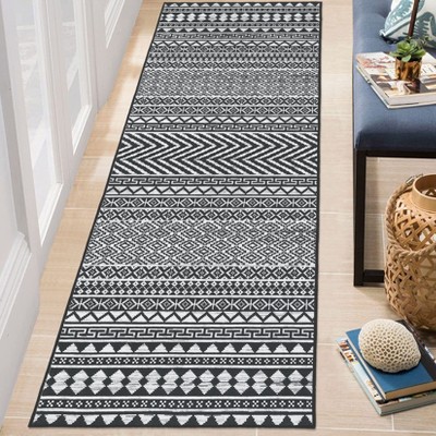 Boho Geometric Washable Rug with Rubber Backing, Non-Slip Low Pile Runner Carpet, Farmhouse Style for Kitchen, Laundry, Hallway, and Entryway.