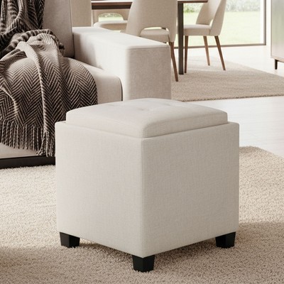Square Leather Ottoman with Reversible Tray Lid – Hidden Storage Footrest, Small Coffee Table, Sturdy Design – 18”x18”