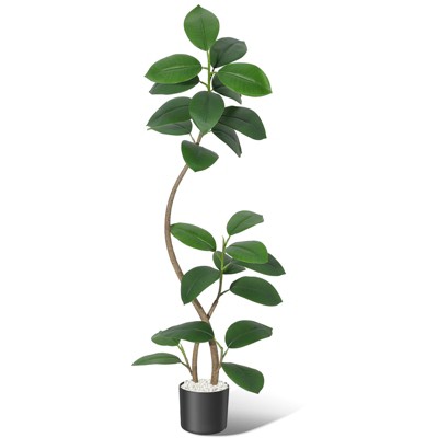 Artificial Rubber Tree with White Sphere Resin Planter Brown Stone Faux Tall Indoor Tropical Large Floor Real Touch Fake Plant for Home Decor