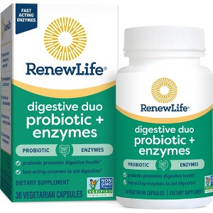 Renew Life Digestive Duo Probiotic + Enzymes; Probiotic Promotes Digestive Health; Non-GMO Project Verified; 30 Vegetarian Capsules* - 1 of 4