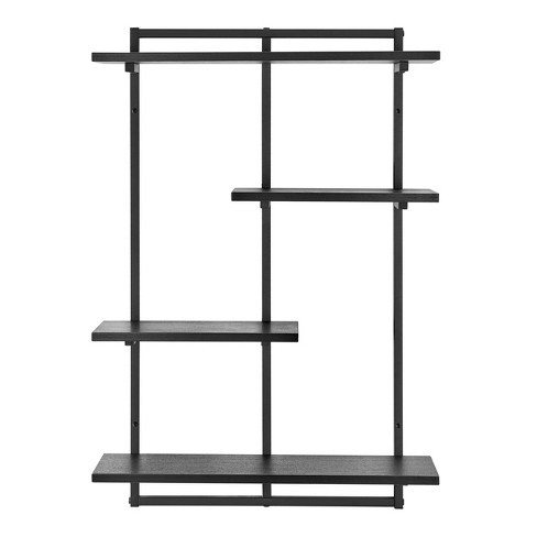 Danya B. Rhodes 4 Tier Modern Floating Windowsill Wall Shelf Unit with Black Metal Frame and Light Walnut MDF Shelves, Brown