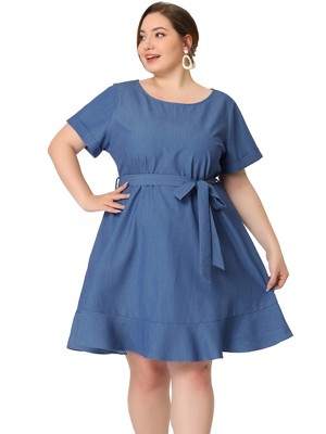 Agnes Orinda Women's Plus Size Belt Waist Ruffle Hem Chambray Shirt Dress  Light Blue 4x : Target