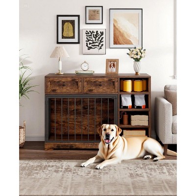 47" Dog Crate Furniture with 2 Storage Drawers, 4 Deep Shelves, Farmhouse Extra Large Wooden Dogs Cage End Table, Multi-Functional Indoor Dog Kennel