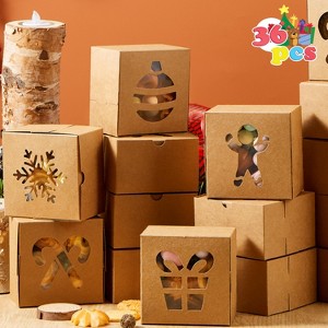 Joyfy 36 Pcs Christmas Cookie Boxes, 4"x4" Brown Bakery Gift Boxes with Window, Christmas Party Favor for Cupcakes Pastries Donuts Holiday Treats - 1 of 4