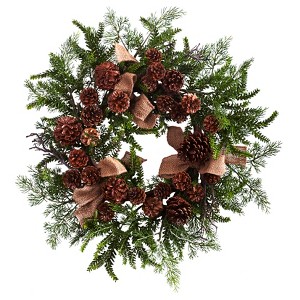 Nearly Natural 24-in Pine & Pinecone Wreath with Burlap Bows - 1 of 3