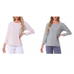 INSPIRE CHIC Women's 2 Pcs Cotton Contrast Stripe Pullover Top Long-Sleeve Lounge Pajama Blouse - 1 of 4