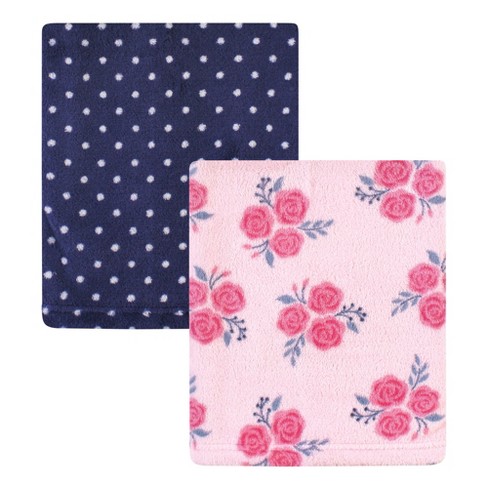 Hudson Baby Infant Girl Silky Plush Blanket Pink Navy Roses 30x36 inches