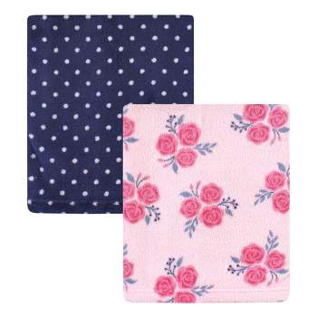 Hudson Baby Infant Girl Silky Plush Blanket, Pink Navy Roses, 30x36 inches