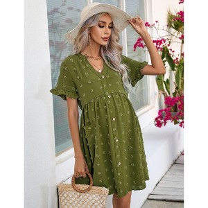 Womens Maternity Dress V Neck Lantern Sleeve Jacquard Dot Pocket Babydoll Baby Shower Dress - 1 of 4