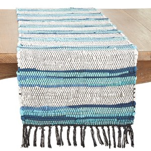 Saro Lifestyle Boho Chic Stripe Chindi Table Runner with Fringe, 16"x72", Blue - 1 of 3