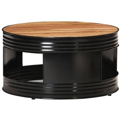 vidaXL Round Coffee Table with Iron Frame - Solid Acacia Wood Industrial Style Couch Table with Extra Storage, Black, Dimensions: 26.8"x14.2"