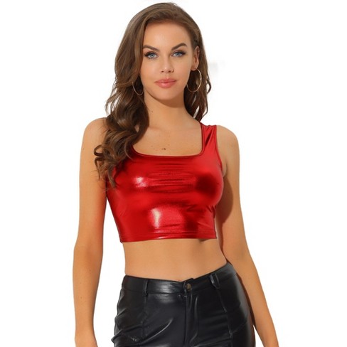 Allegra K Women's U Neck Sleeveless Party Clubwear Shiny Metallic Crop Tank  Tops Red Small