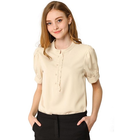 Allegra K Women's Work Office Half Placket Ruffled Puff Sleeve Blouse  Apricot Large