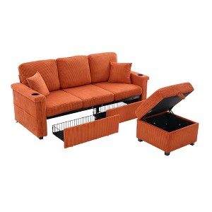 Mocamel Corduroy L-Shaped Sofa Pull-Out Storage Ottoman Pillows 3-Seat USB Charging Cup Holder Convertible Design Living Room Apartment - 1 of 4