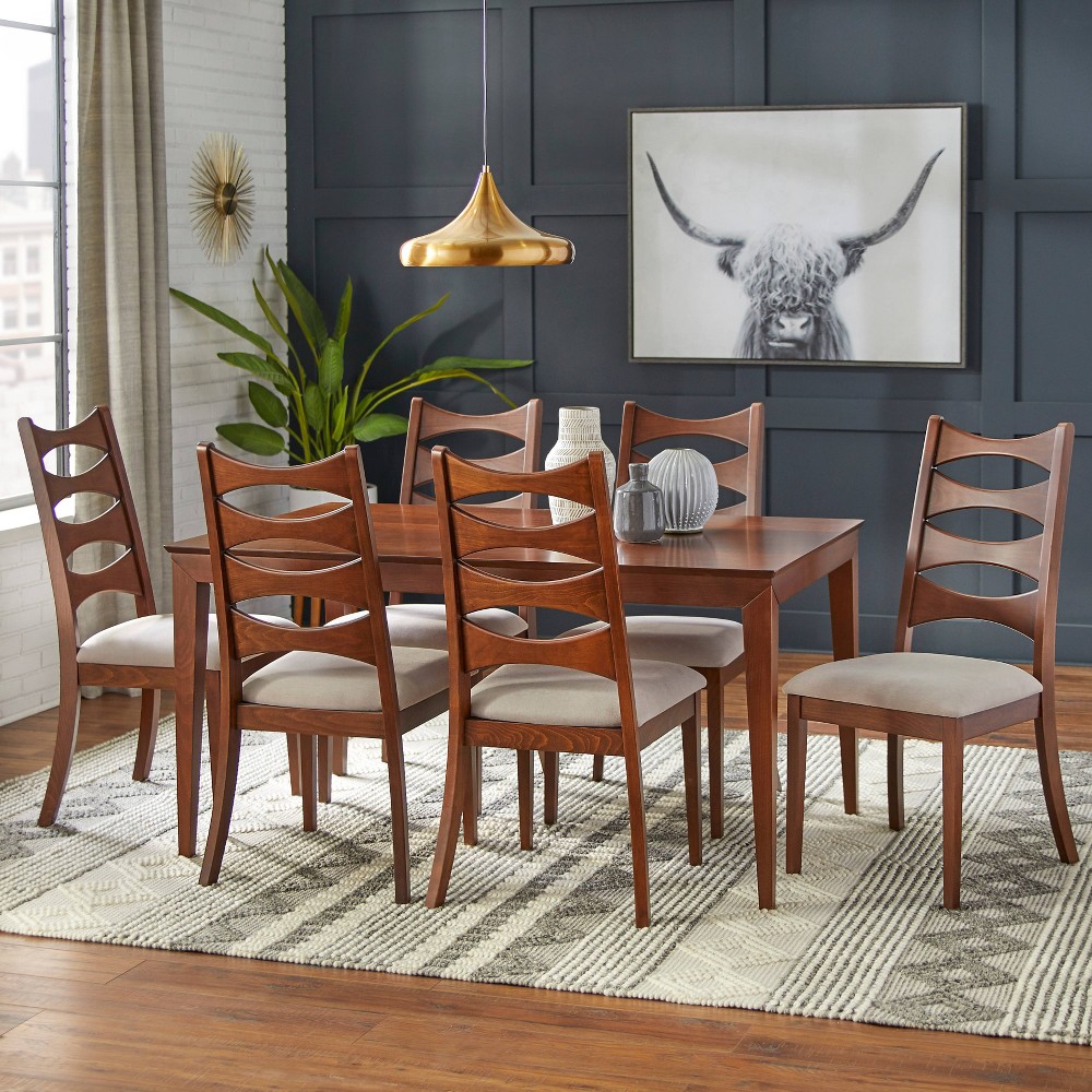 Photos - Dining Table Lifestorey 7pc Lydon Modern Dining Set Walnut: Mid-Century Modern, MDF, Polyester Upholstered Chairs
