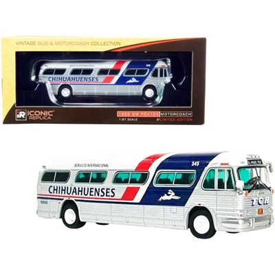 1959 GM PD4104 Bus "El Paso" Texas "Chihuahuenses" Silver and White w/Stripes 1/87 (HO) Diecast Model by Iconic Replicas