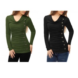 Allegra K Women's Cowl Neck Long Sleeves Buttons Decor Ruched Top 2 Pcs - 1 of 4