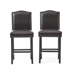Set of 2, 27" Upholstered Counter Height Barstools with Nailhead Trim, Brown and Walnut, PU - 1 of 4