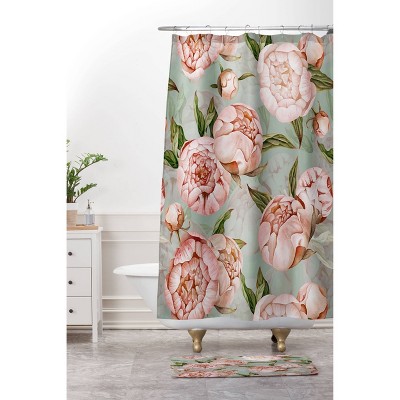 UtArt Peach Peonies Watercolor Pattern on Teal Sepia Memory Foam Bath Mat Green - Deny Designs