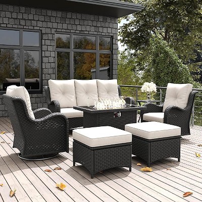 LayinSun Outdoor Patio Furniture Set, Black Rattan Wicker Sectional Swivel Rocker Chairs Sets with Ottomans, Swivel Glider Chair