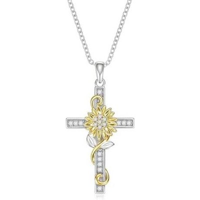 Molenia Sunflower Cross Necklaces for Women, 925 Sterling Silver Flower Gold Cross Necklace with Cubic Zirconia Religious Faith Jewelry Birthday