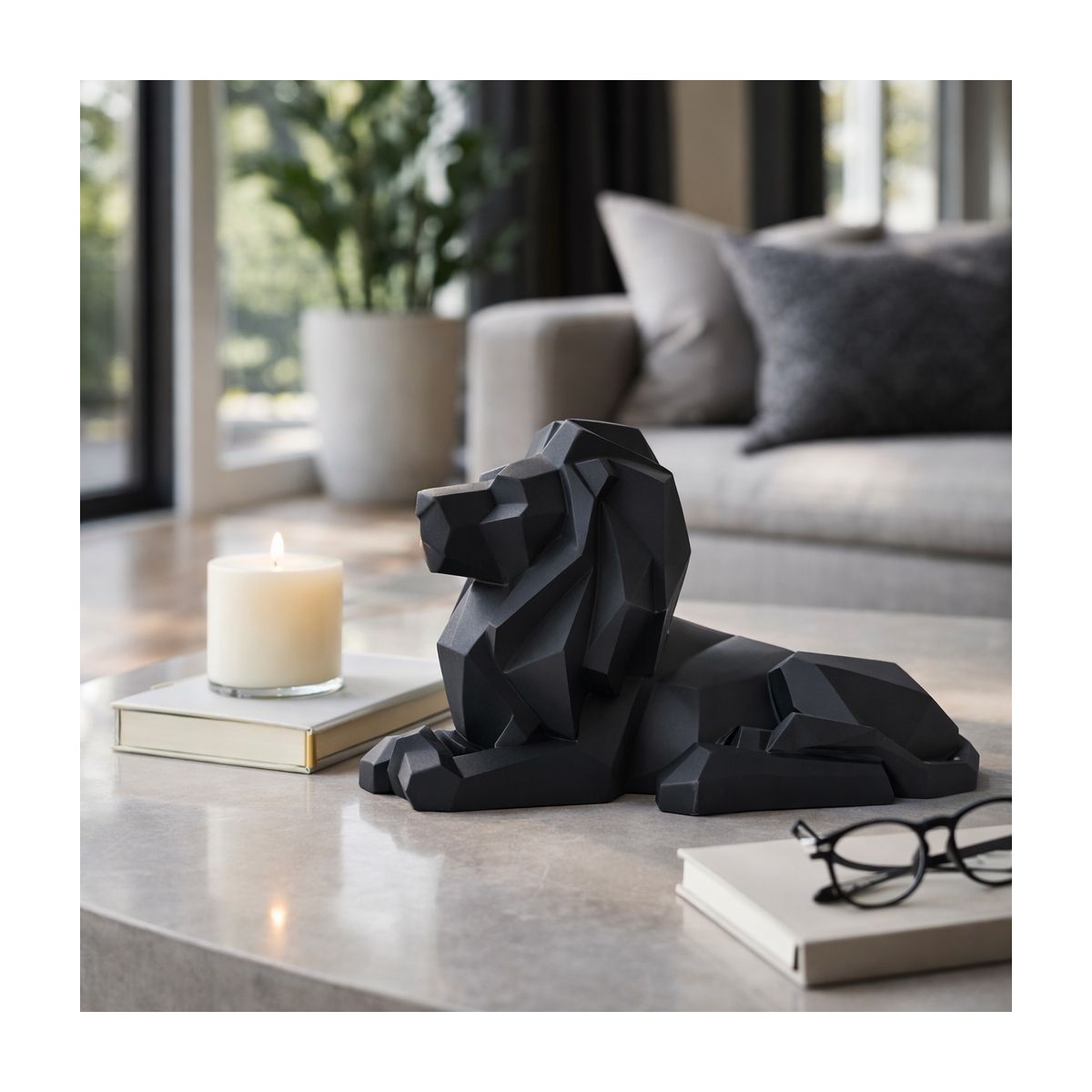 Modern Geometric Lion Figurine - Bold Resin Polyresin Sculpture - Sleek Abstract Animal Statue for Home, Office, Living Room & Desk Decor - 8" - thumbnail 2