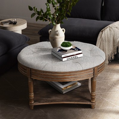 VYNXARIA Large Round Waterproof Ottoman Coffee Table: 2-Tier Button-Tufted Design with Wooden Shelf Storage£¬Light Gray