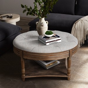 VYNXARIA Large Round Waterproof Ottoman Coffee Table: 2-Tier Button-Tufted Design with Wooden Shelf Storage£¬Light Gray - 1 of 4