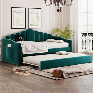 ModernLuxe Twin-size Daybed, Upholstered Platform Bed Frame with Twin Trundle Bed, Velvet Sofa Bed with USB Charging Ports - 1 of 4