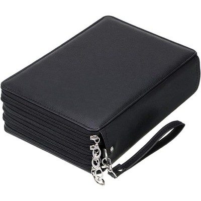 Fmeida 200 Slots Colored Pencil Organizer - Deluxe PU Leather Pencil Case Holder with Removal Handle Strap Pencil Box Large Black