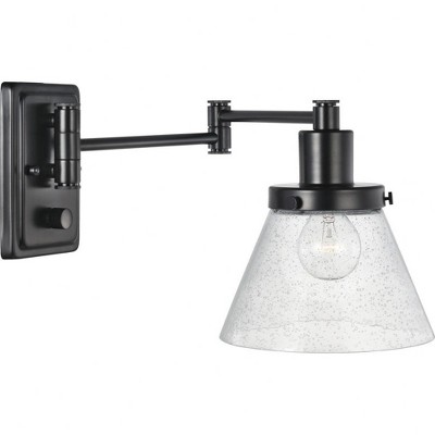 Progress Lighting Hinton 1-Light Swing Arm Wall Bracket, Black Steel, Clear Seeded Glass Shade