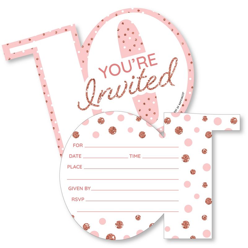 Big Dot of Happiness 10th Pink Rose Gold Birthday - Shaped Fill-In Invitations - Happy Birthday Party Invitation Cards with Envelopes - Set of 12, 1 of 8