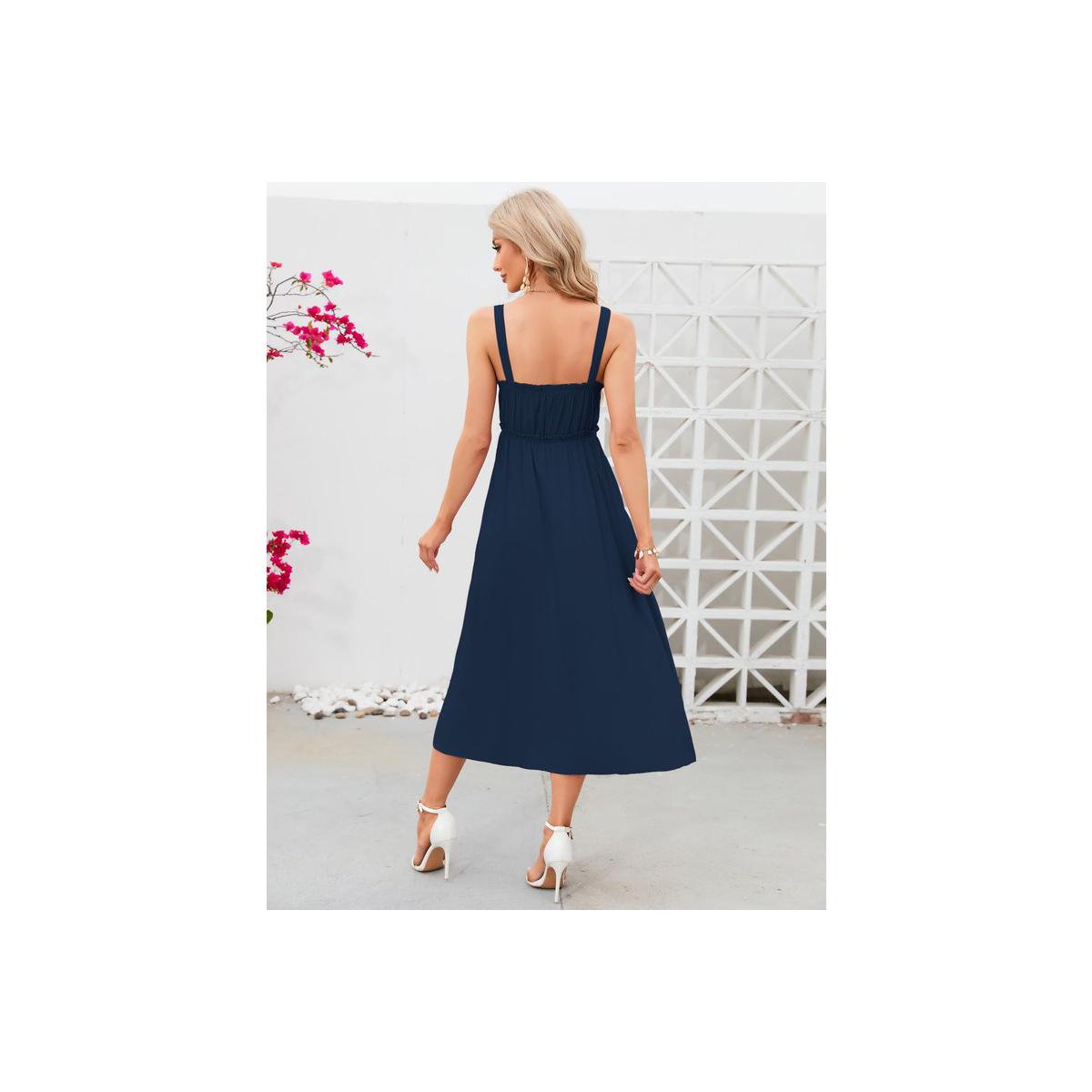 Женские платья Garvee Women's Dress Casual Summer Spaghetti Strap Dress Button Down Sleeveless A Line Beach Swing Midi Sundress Navy Blue Small — фото 6