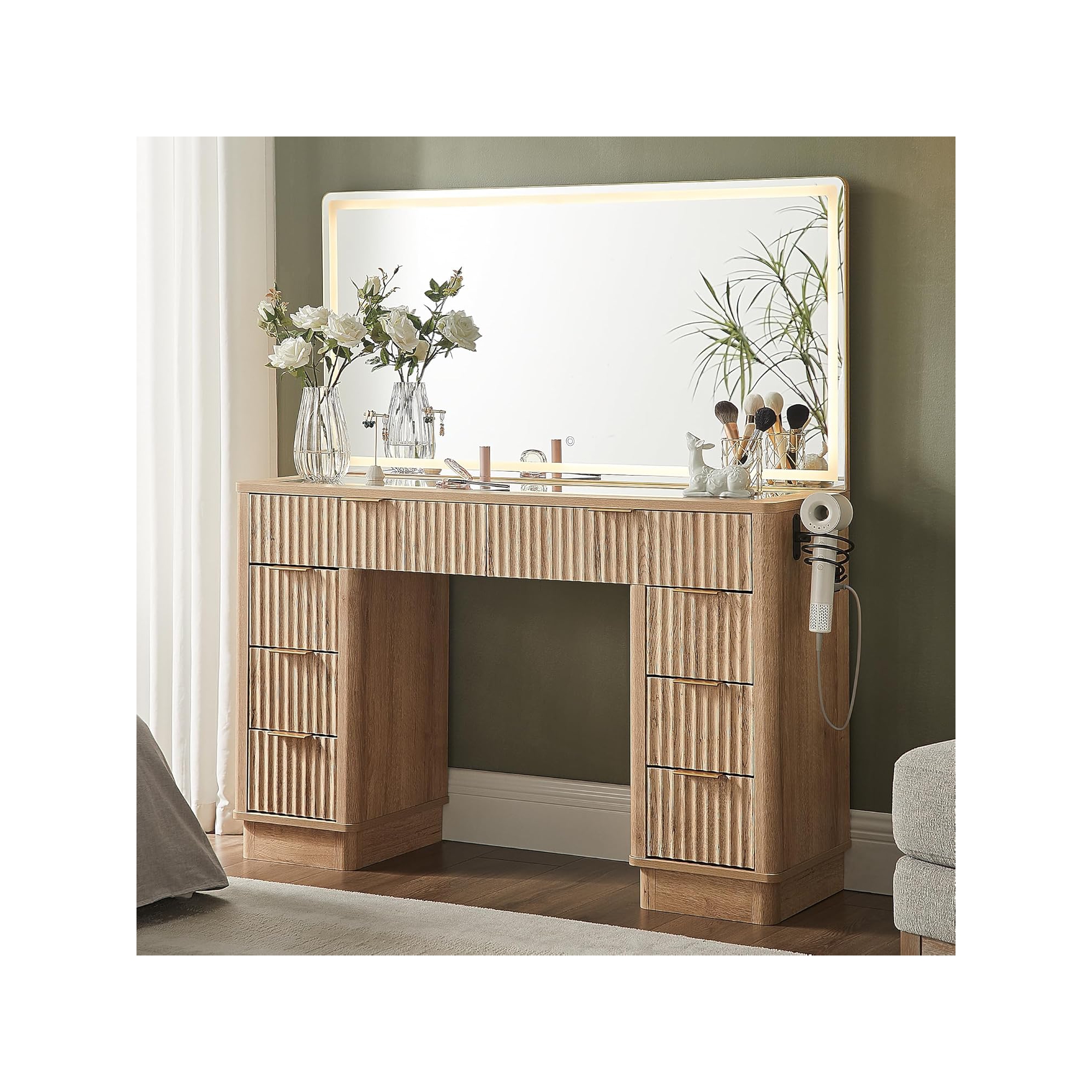 48" Fluted Makeup Vanity Desk with Mirror and Lights, Modern Vanity Table with 8 Drawers & Charging Station, Vanity Desk with Glass Top, Natural Oak