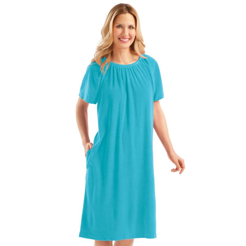 Collections Etc Solid Color Comfort Fit Short-Sleeve Terry Cotton Summer Dress with Side Pockets and Elastic Scooped Neckline, 2 of 4