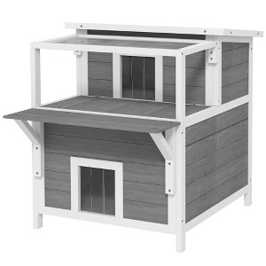 SKYONE Fir Wood 2-Tier Outdoor Cat House with Balcony, Weatherproof Roof, Openable Top & Removable - 1 of 4