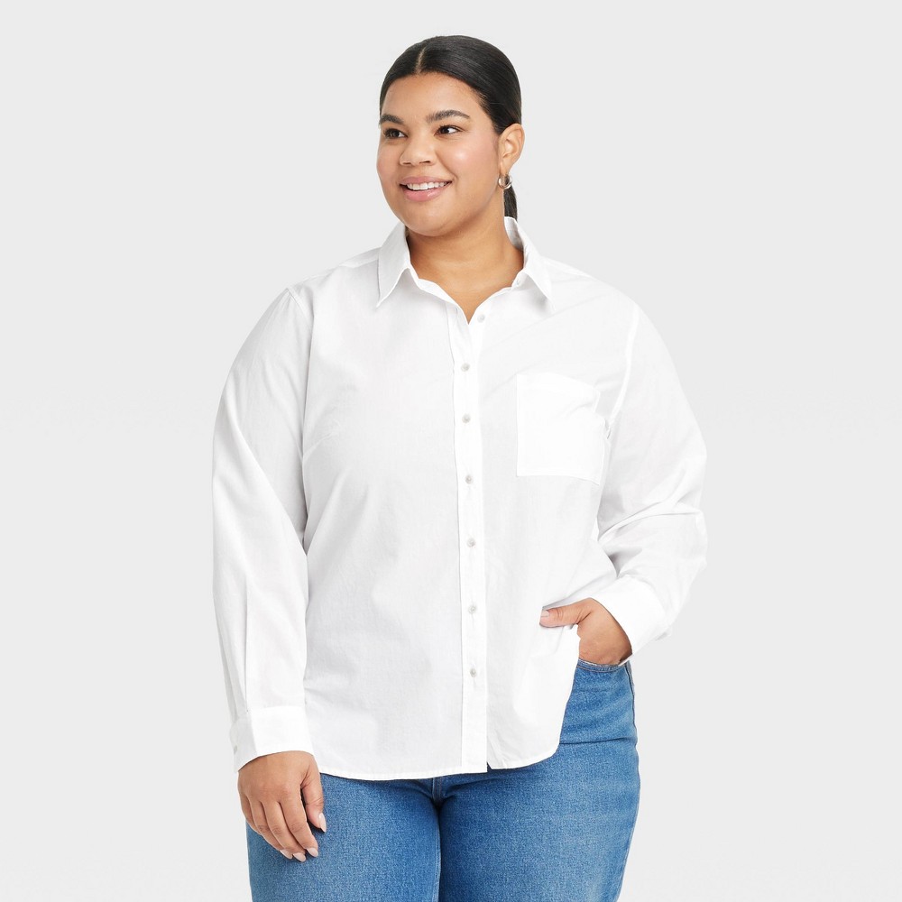 Women's Long Sleeve Collared Neck Button-Down Shirt - Universal Thread™ White 1X: Relaxed Fit, Lightweight Cotton